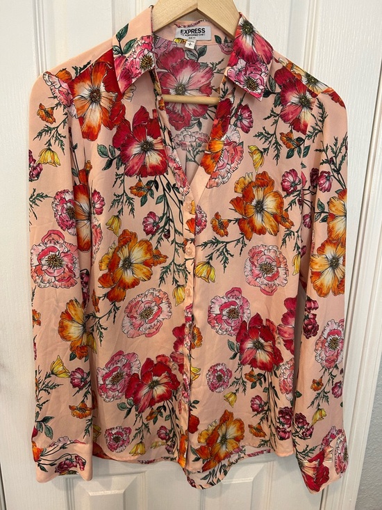 Express Tops - Express Peach Floral Button-Down Shirt with Red & Yellow Blooms